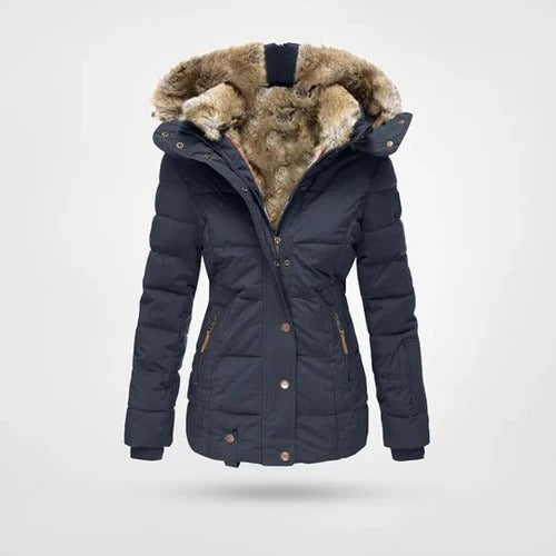 Warm women's insulated hooded jacket, ideal for cold weather, offering comfort & style.
