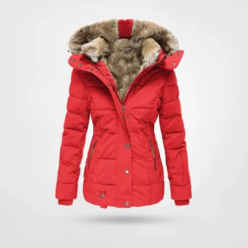 Women's fashionable winter puffer jacket with hood, essential outerwear for staying warm.