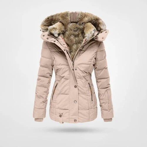 Cozy women's hooded long puffer coat, designed for ultimate warmth & protection in winter.