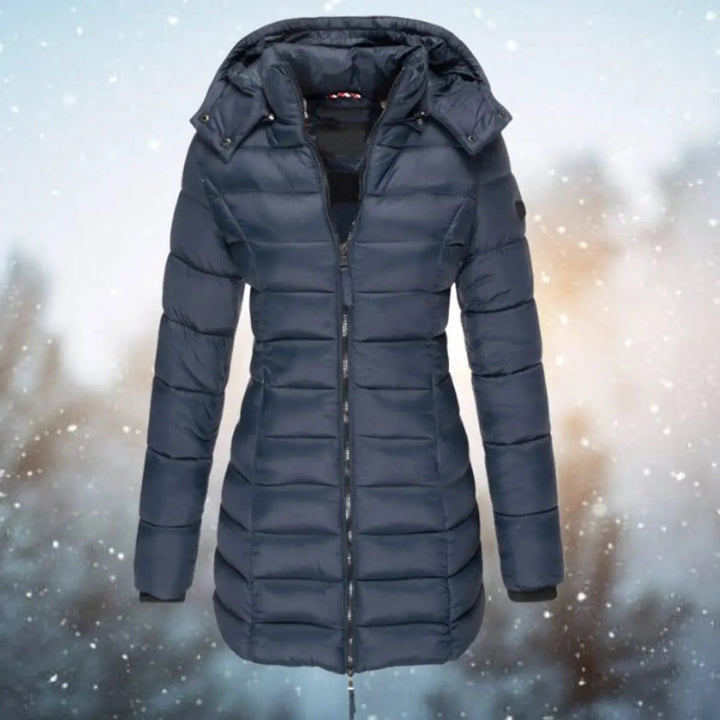 Women's longline hooded quilted puffer coat, warm winter jacket for cold weather outerwear.