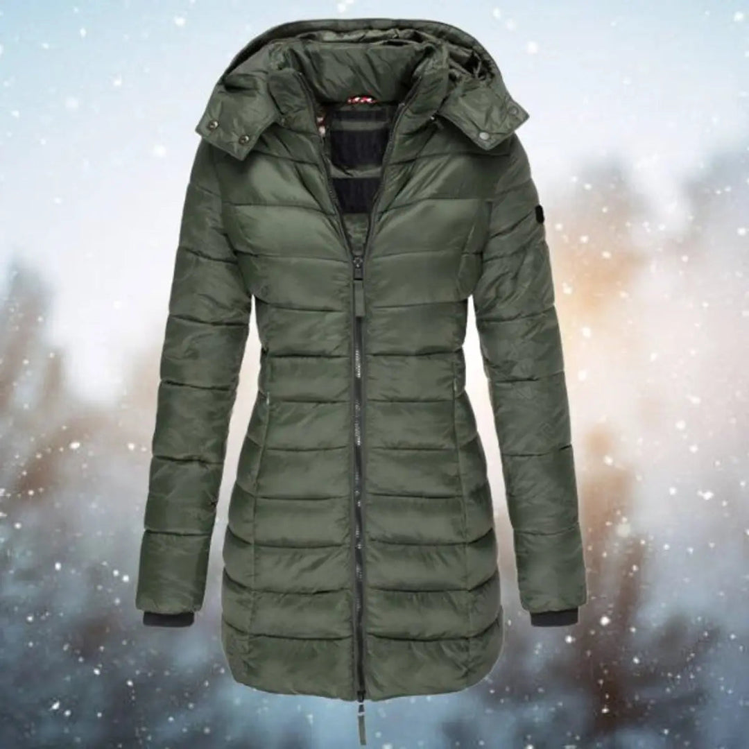 Casual women's longline hooded puffer coat, ideal for autumn & winter fashion, stylish and comfortable.