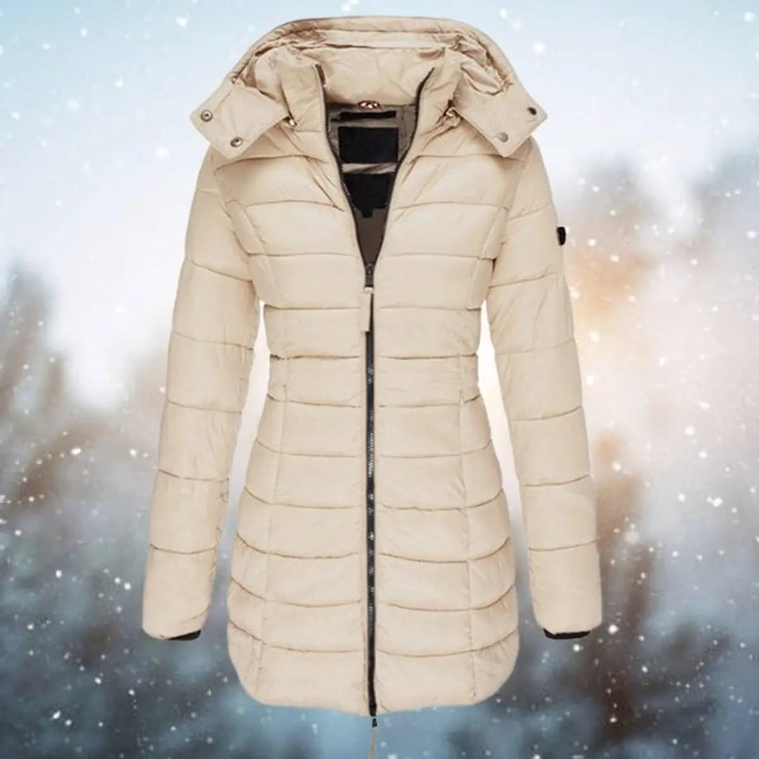 Warm women's longline quilted puffer jacket, hooded for ultimate cold weather protection & winter comfort.