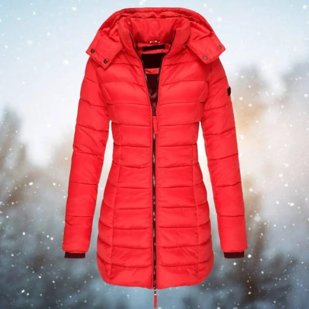 Women's longline quilted puffer coat, zip-up front, hooded, stylish and warm for winter outdoor wear.