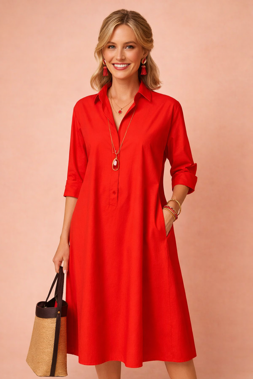 Women's longline shirt dress with pockets. Comfortable, loose-fit, and versatile for stylish everyday wear.