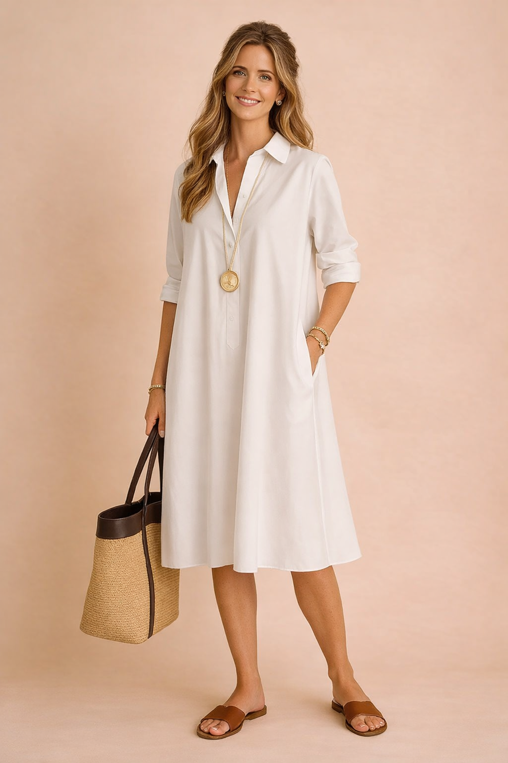 Effortless women's longline shirt dress featuring practical pockets & a comfortable loose fit. Versatile casual style.