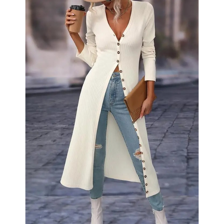 Women's longline V-neck jacket. Elegant, lightweight, and versatile outerwear perfect for any occasion.