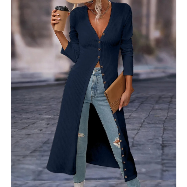 Comfortable longline V-neck jacket for women. Lightweight outerwear, perfect for stylish everyday fashion.