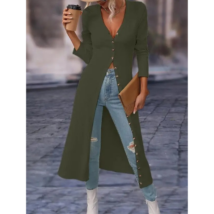 Elegant women's V-neck jacket with button closure. Versatile longline design, great for layering.