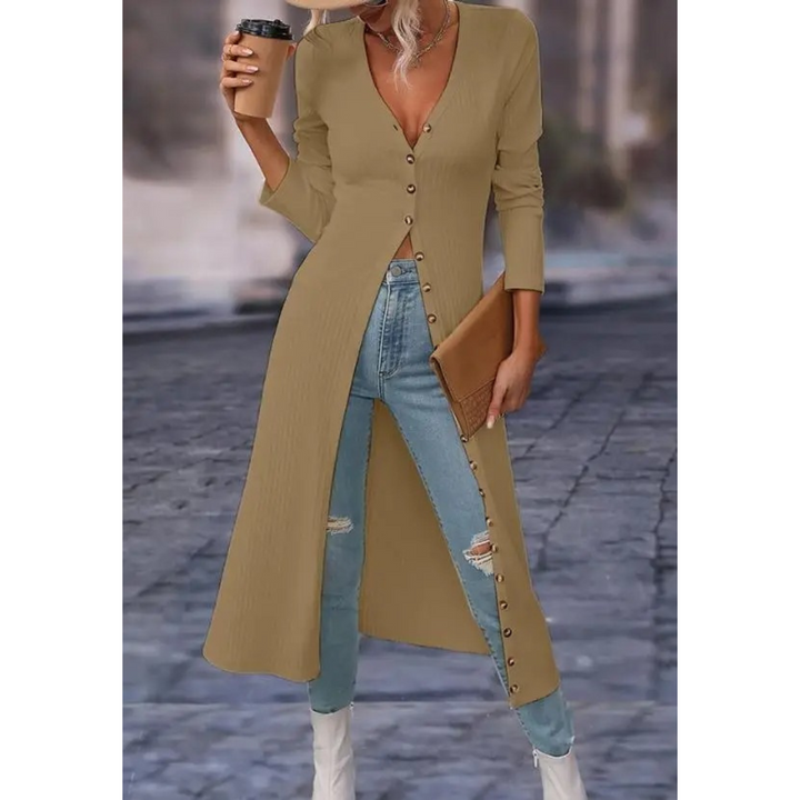 Lightweight women's longline jacket. Stylish V-neck button-front outerwear, comfortable for all-day wear.