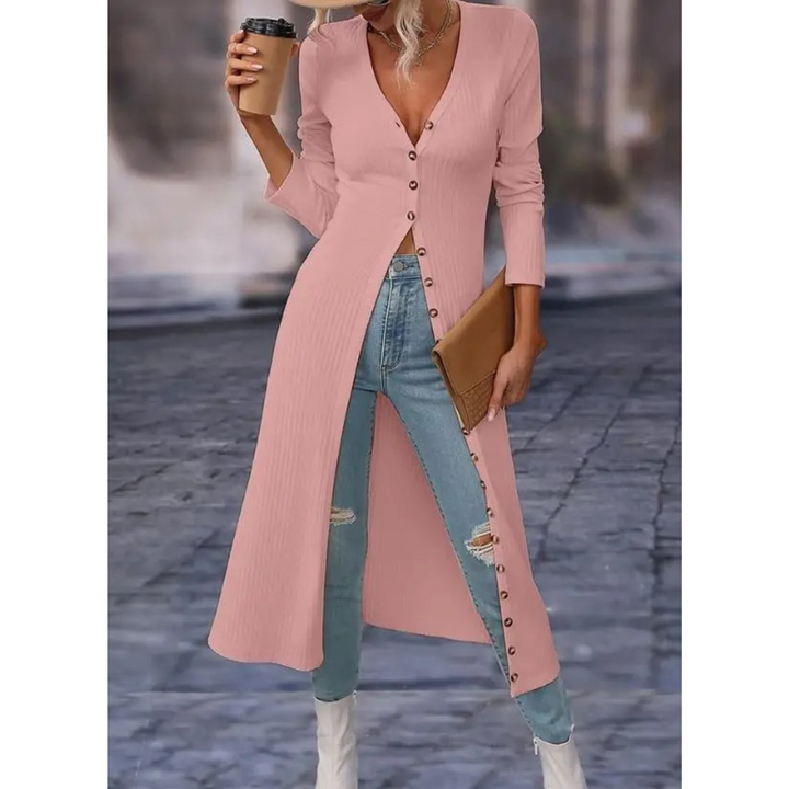 Versatile women's longline V-neck jacket. Elegant and casual, this lightweight outerwear is a fashion essential.