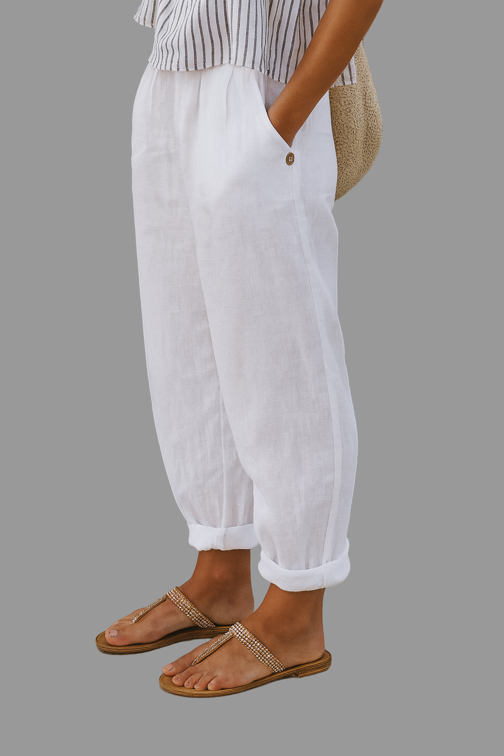 Women's loose fit casual wide leg trousers with elastic waist and pockets, perfect for comfortable everyday spring/summer wear.