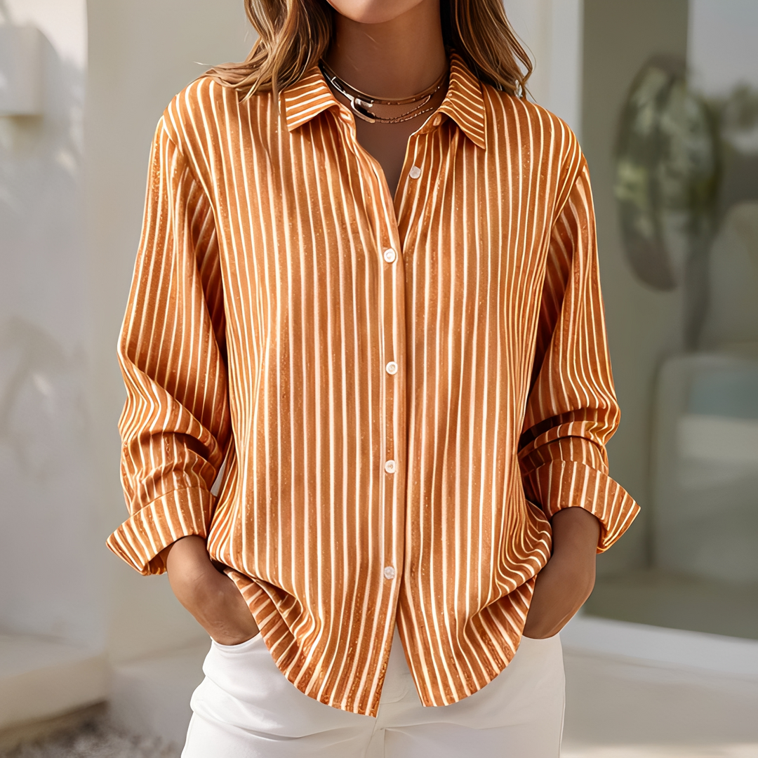 Casual striped women's summer top, loose fit & short sleeves. Available in red, orange, khaki, grey, blue.