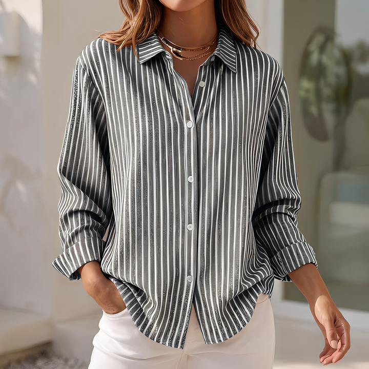 Women's short sleeve loose fit striped shirt for summer. Casual beachwear in red, orange, khaki, grey, blue.