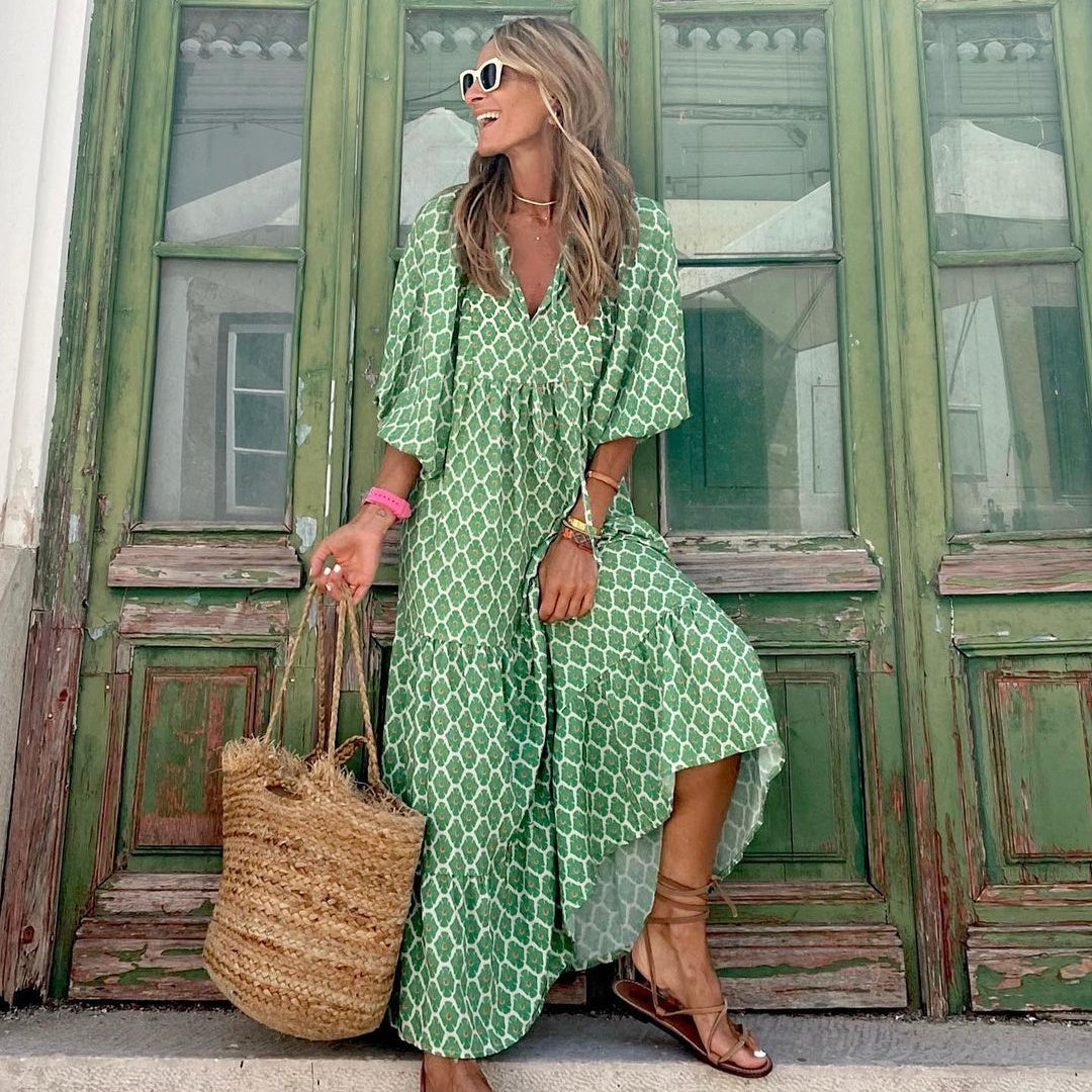 Women's loose fit printed midi dress with ruffles, ideal for casual summer or autumn everyday wear.