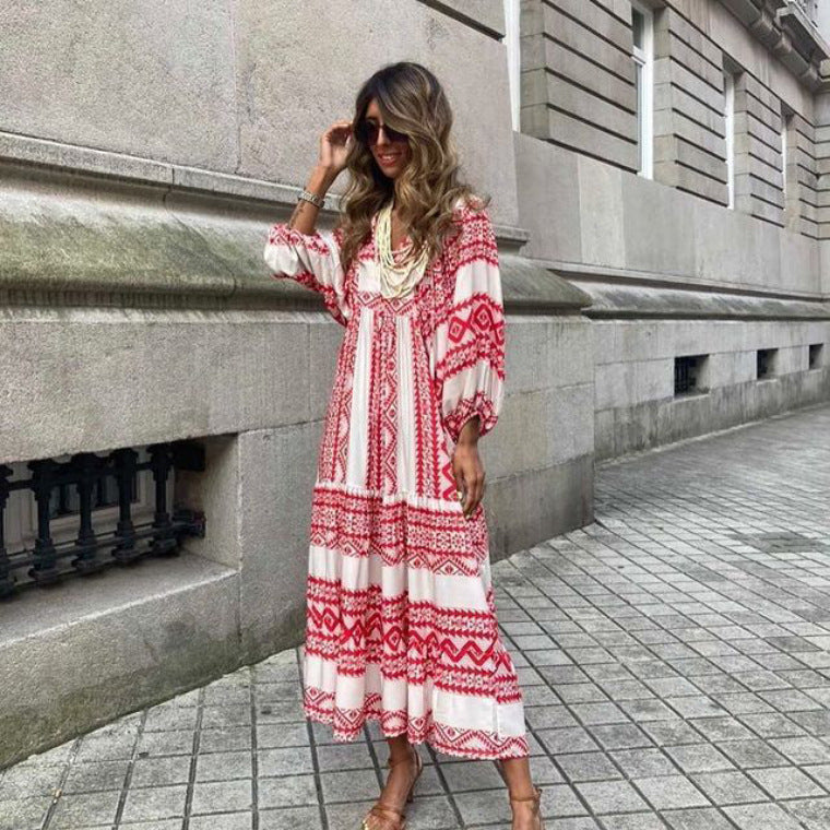 Versatile women's printed midi dress, loose fit with ruffles, suitable for casual summer and autumn everyday wear.