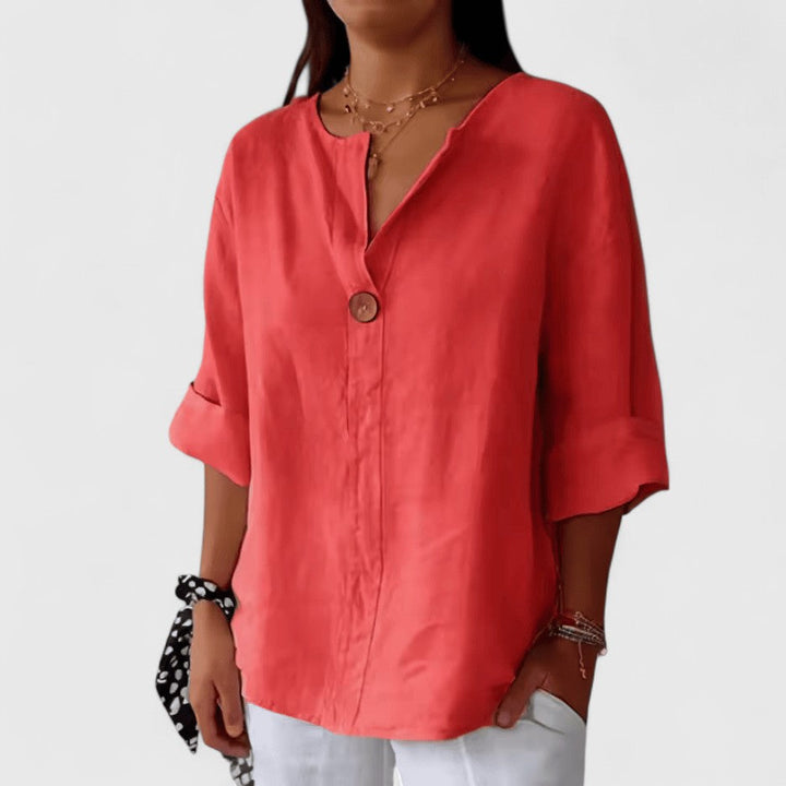 Chic women's V-neck blouse, loose-fit with stylish front knot. Versatile for everyday wear & summer fashion.