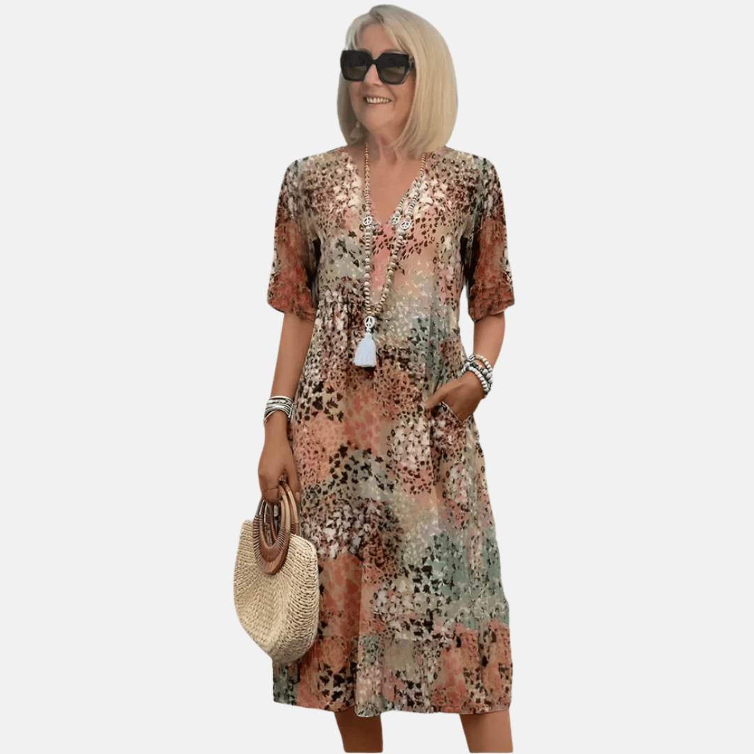 Women's loose fit V-neck summer casual dress with unique 3D print. Perfect A-line sundress for comfort & style.