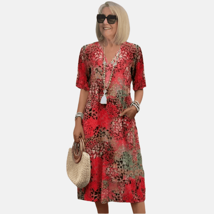 Lightweight women's loose fit A-line summer dress. V-neck & short sleeves, vibrant 3D print casual sundress for sunny days.