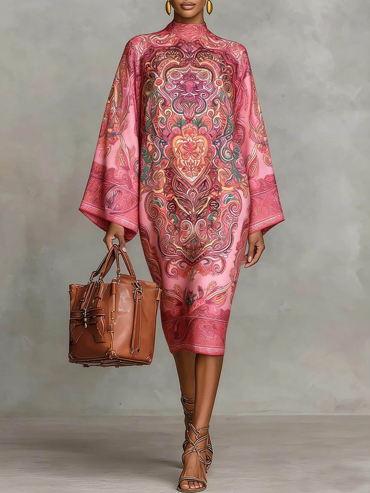 Women's loose mock neck midi dress, long sleeve for autumn comfort.