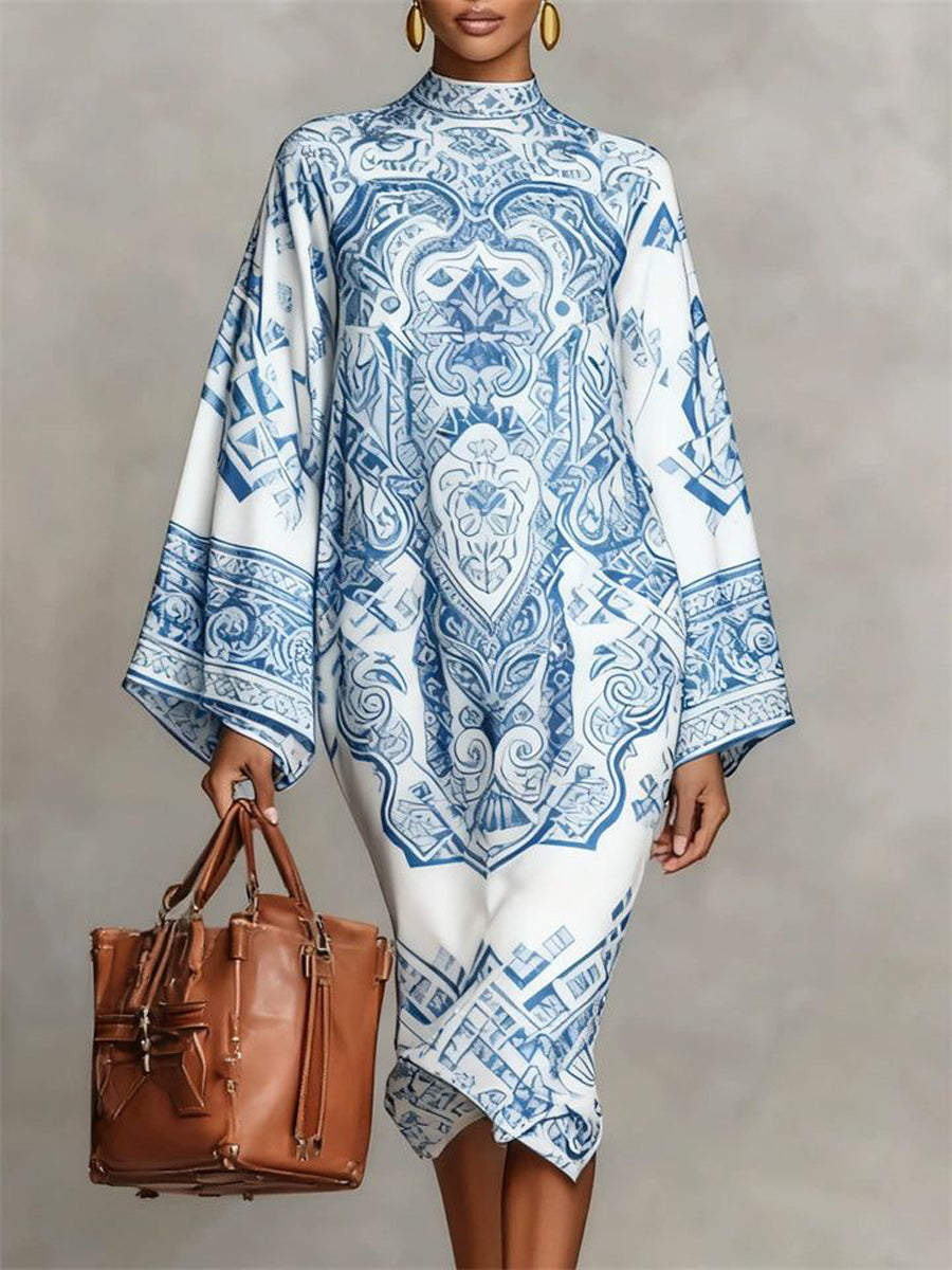 Everyday women's midi dress, long sleeve, loose fit, and mock neck comfort.