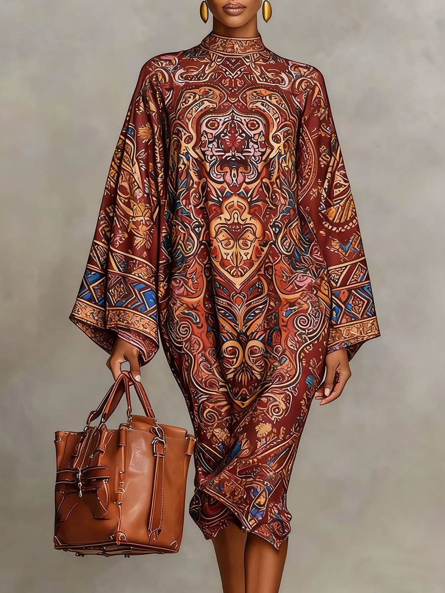 Elegant women's mock neck midi dress, loose fit long sleeve for versatile style.