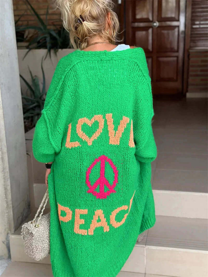 Chic women's Love & Peace graphic sweater. Long sleeve, open-front cardigan, a versatile layering piece for any season.