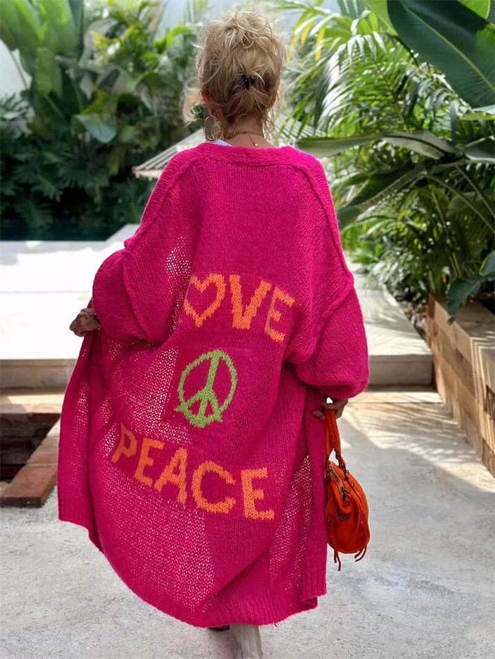 Women's Love & Peace graphic open-front cardigan. A stylish and cozy layering outerwear sweater for fall & spring fashion.