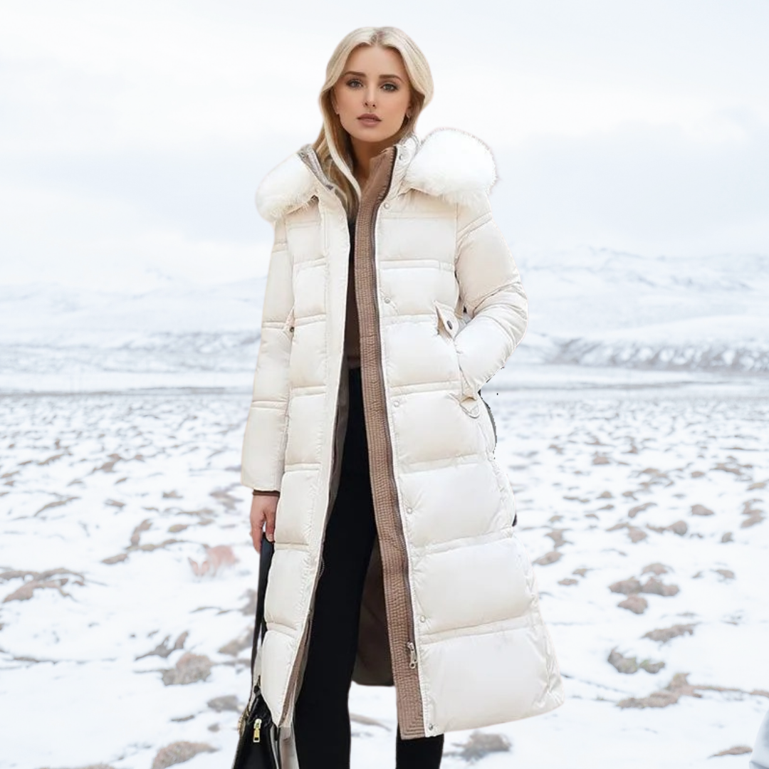 Women's Lucia cold weather parka, a chic designer jacket with a fashionable faux fur hood.