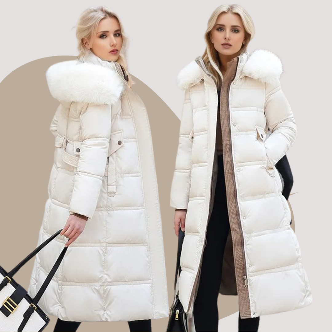 Lucia women's warm winter parka, designer outerwear jacket with a luxurious faux fur hood.