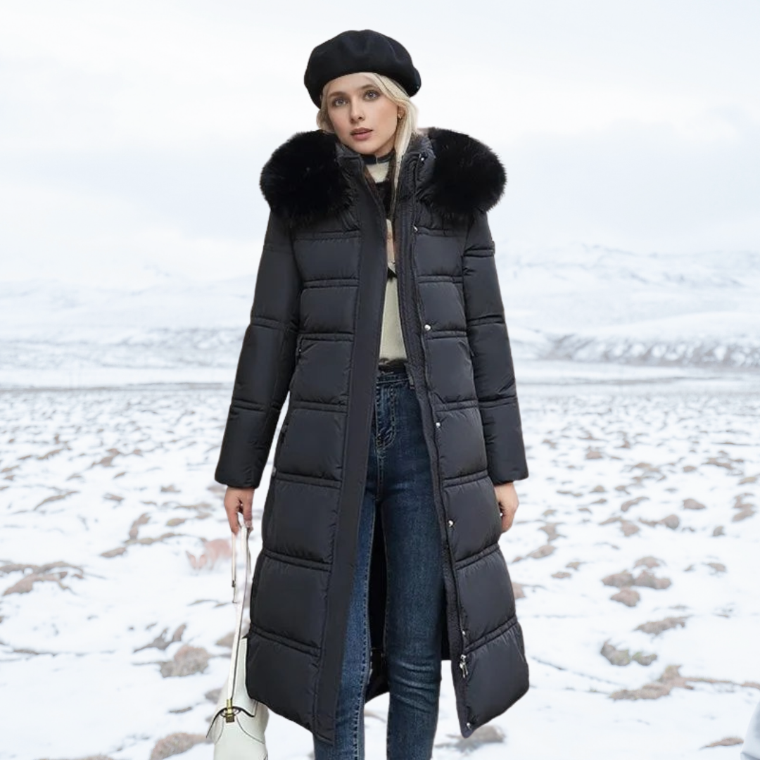 Warm long parka for women, Lucia designer jacket with a soft faux fur hood, cold weather essential.