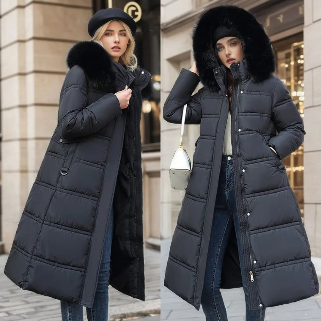 Designer Lucia women's parka jacket, warm outerwear with a plush faux fur hood for ultimate comfort.