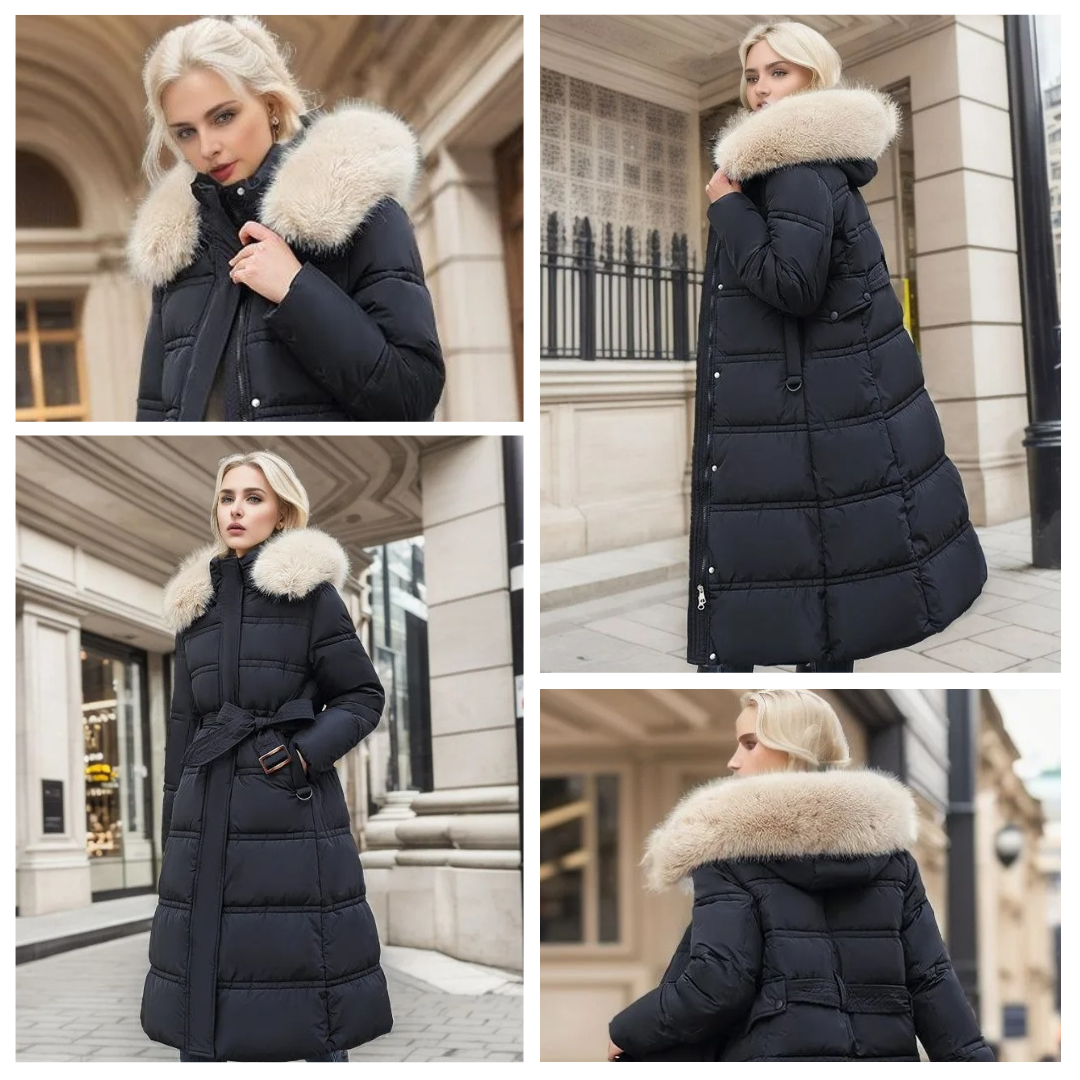 Elegant women's Lucia winter parka, long coat with faux fur hood, an essential for cold weather style.