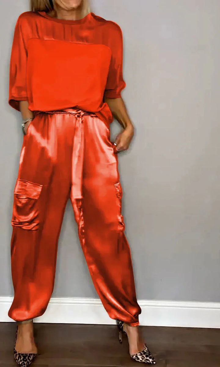 Women's comfortable two-piece flowing set, elegant lounge wear & casual chic outfit for versatile fashion.