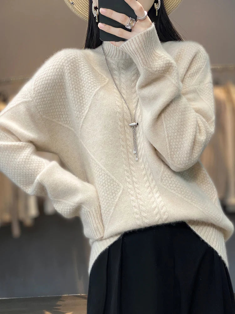 Cozy women's cable knit cashmere sweater. Soft roll neck jumper, perfect for elegant winter fashion.