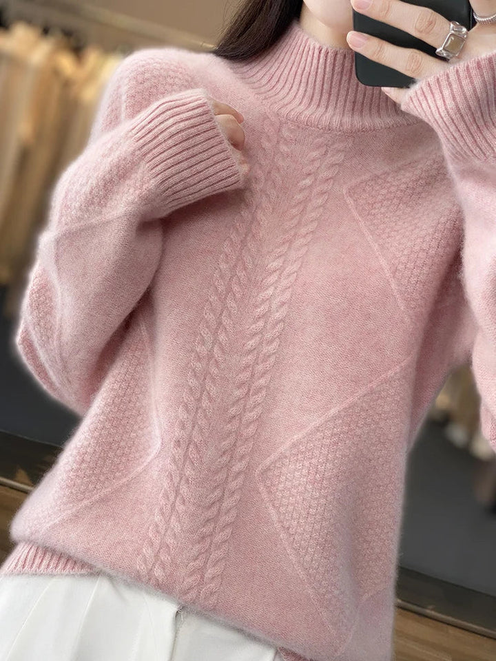 Soft knit women's roll neck jumper, made from premium cashmere with a stylish cable knit pattern.
