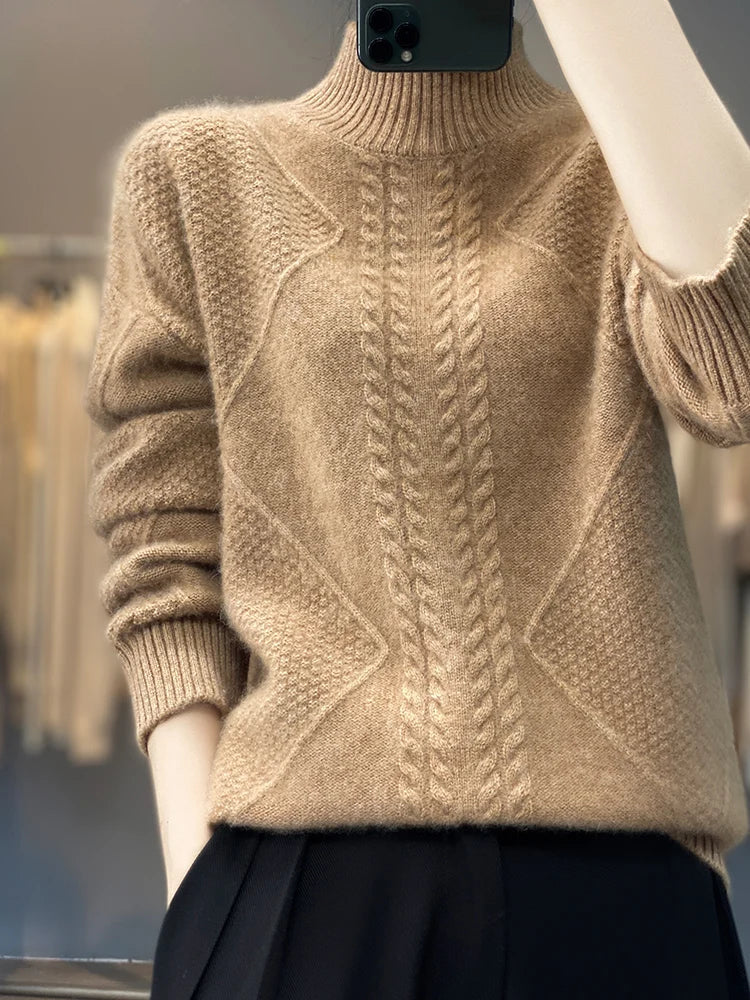 Cozy women's cashmere roll neck. A warm, soft cable knit jumper, ideal for winter style and comfort.