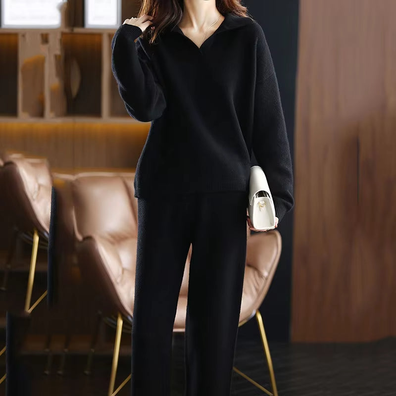 Timeless elegant women's cashmere two-piece set, offering soft comfort and a luxurious feel.