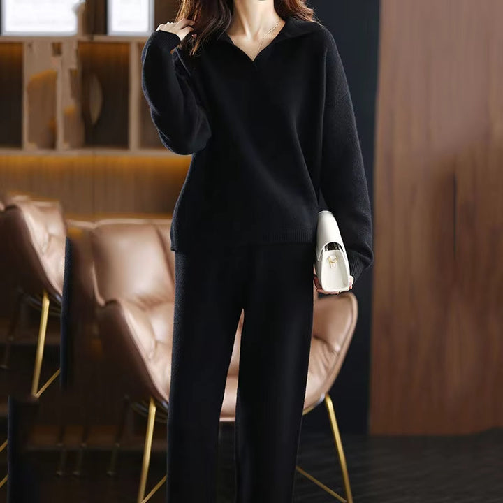 Timeless elegant women's cashmere two-piece set, offering soft comfort and a luxurious feel.