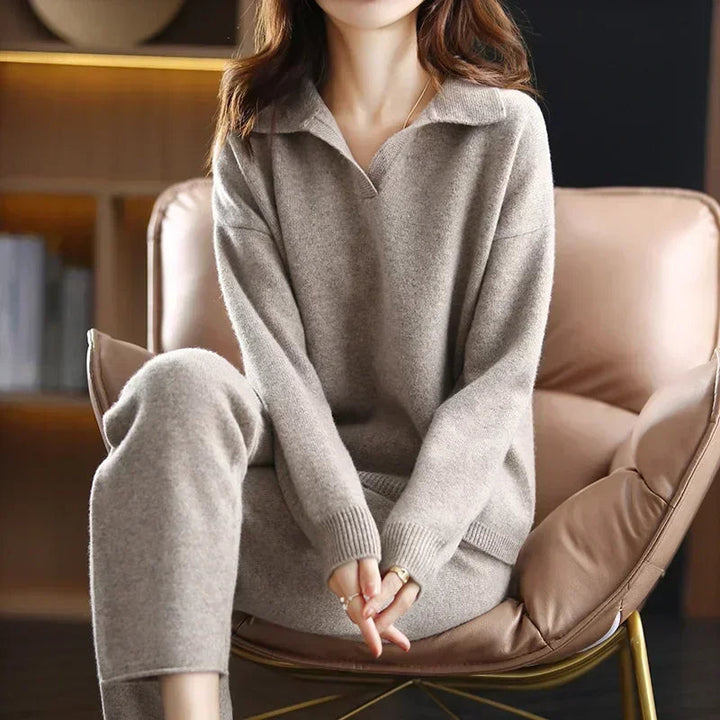 Elegant women's cashmere loungewear set, a soft knit two-piece for luxurious at-home comfort.