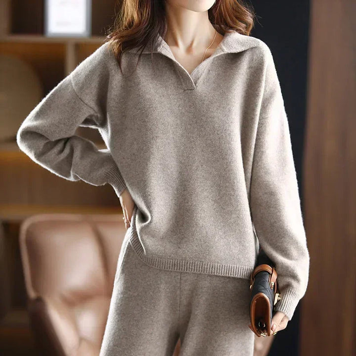 Stylish women's cashmere two-piece set, a versatile casual chic outfit for elegant fall fashion.