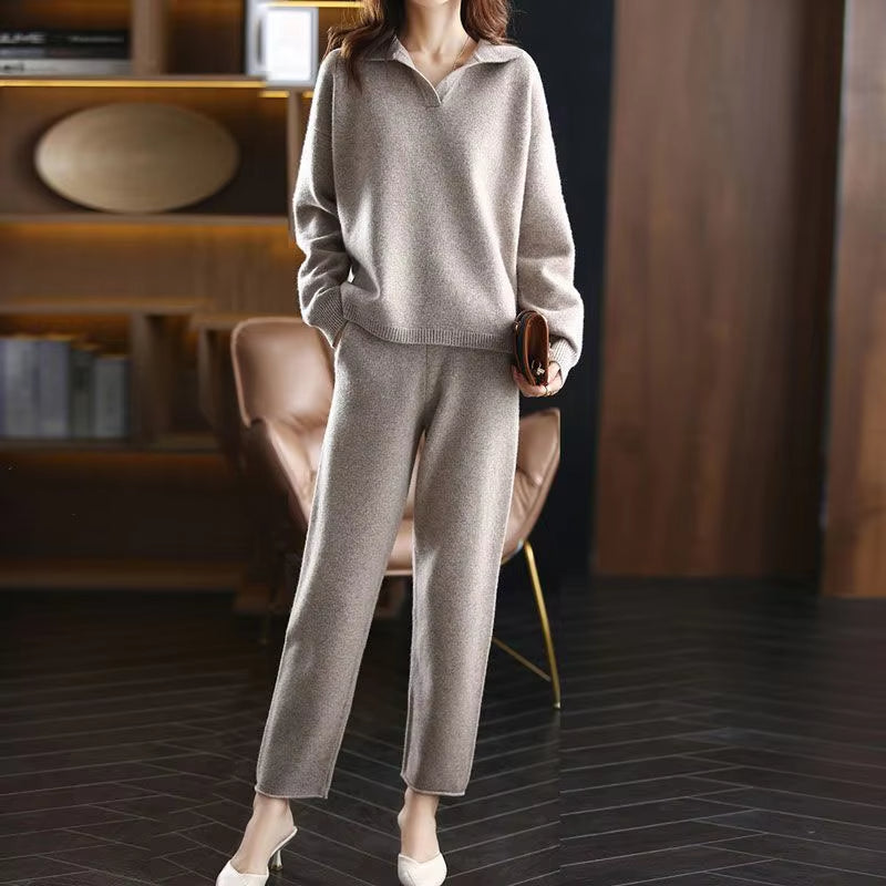 Close-up of the soft knit cashmere top from the women's two-piece set, highlighting premium fabric.