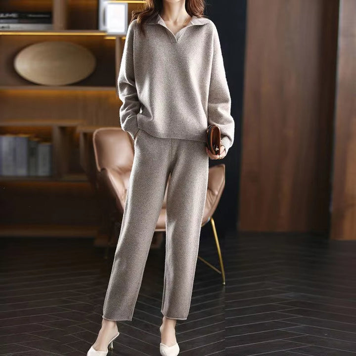 Close-up of the soft knit cashmere top from the women's two-piece set, highlighting premium fabric.