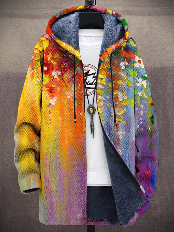 Elegant women's zip-up cardigan, luxury knitwear with a vibrant, unique art-inspired print. Comfortable & fashionable.