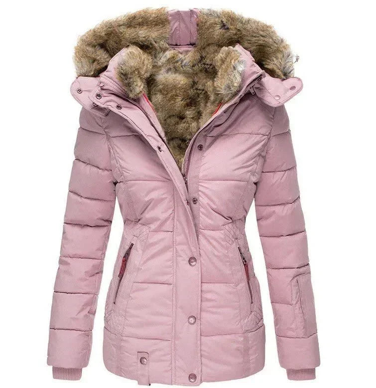 Premium women's winter fashion: quilted puffer jacket with luxurious faux fur hood.