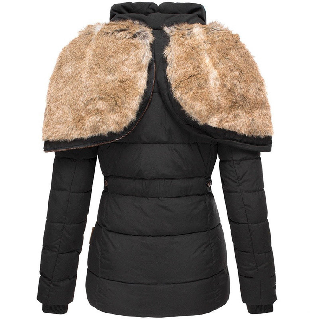 Elegant women's hooded puffer coat, quilted design, warm for cold weather comfort.