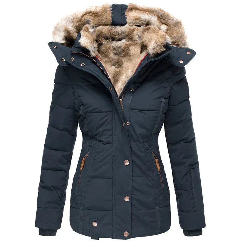 Luxury women's hooded winter jacket, quilted puffer style, very warm and cozy.