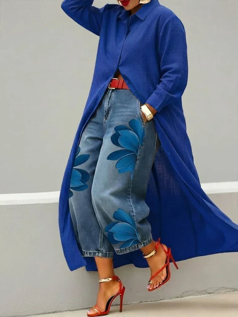 Stylish women's shirt dress and floral printed jeans set, perfect for a casual spring or summer statement outfit.