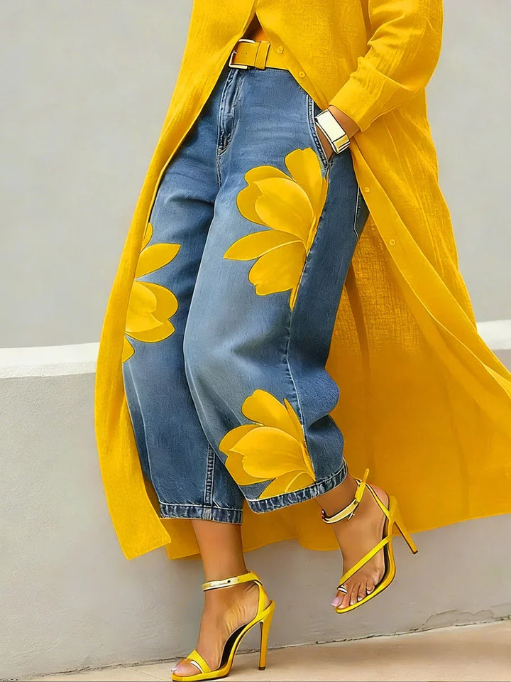 Elegant women's shirt dress with vibrant floral jeans, a comfortable two-piece set for a statement spring look.