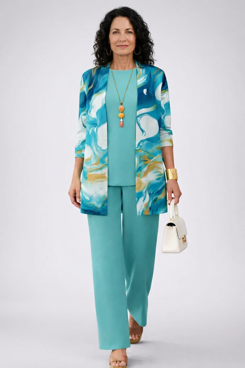 Women's marble print 3-piece set: stylish jacket, top & wide leg pants. Perfect casual elegant spring/summer outfit.
