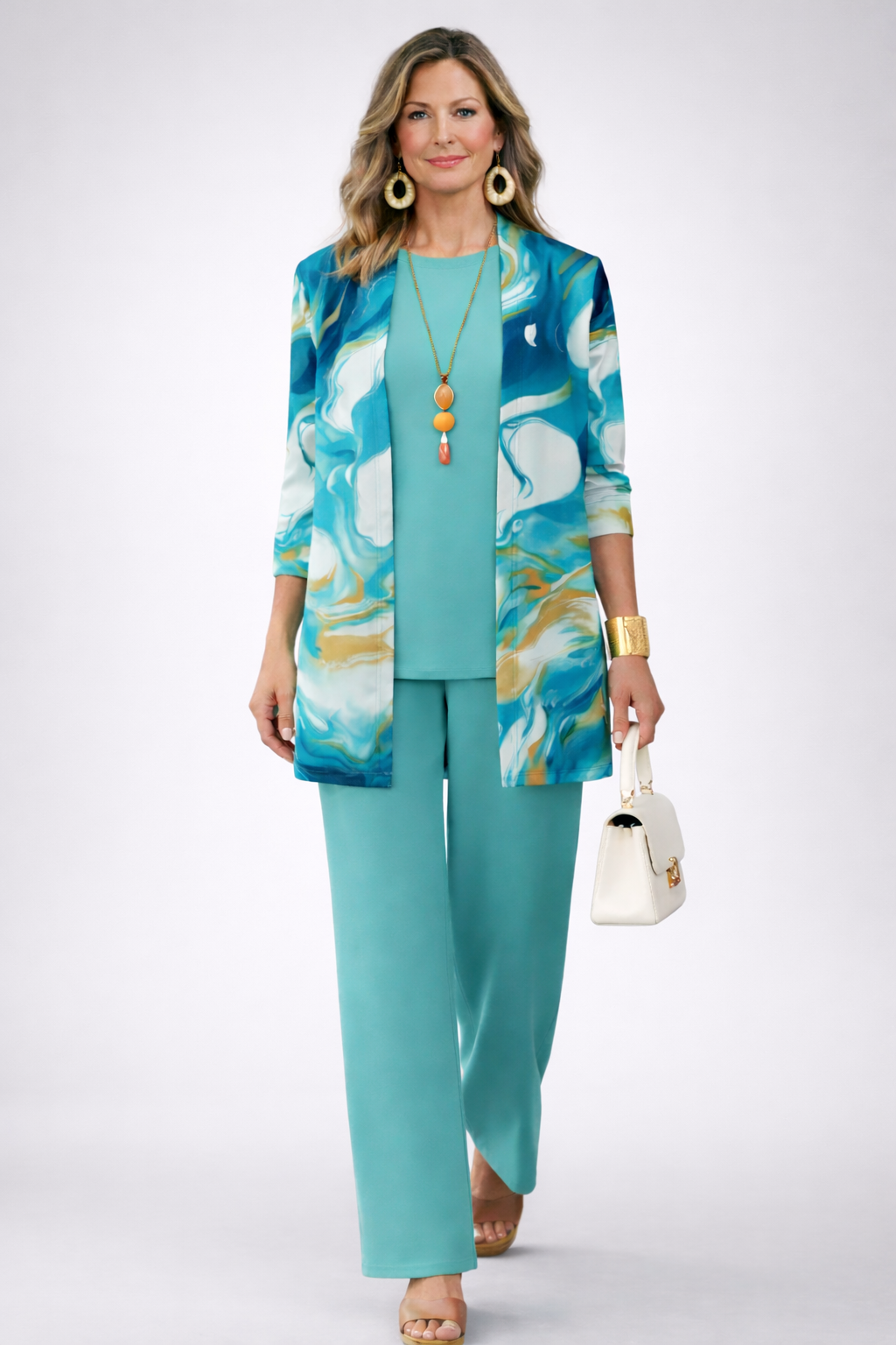Comfortable women's 3-piece marble print outfit featuring a jacket, top, and wide leg pants for lounge or casual wear.
